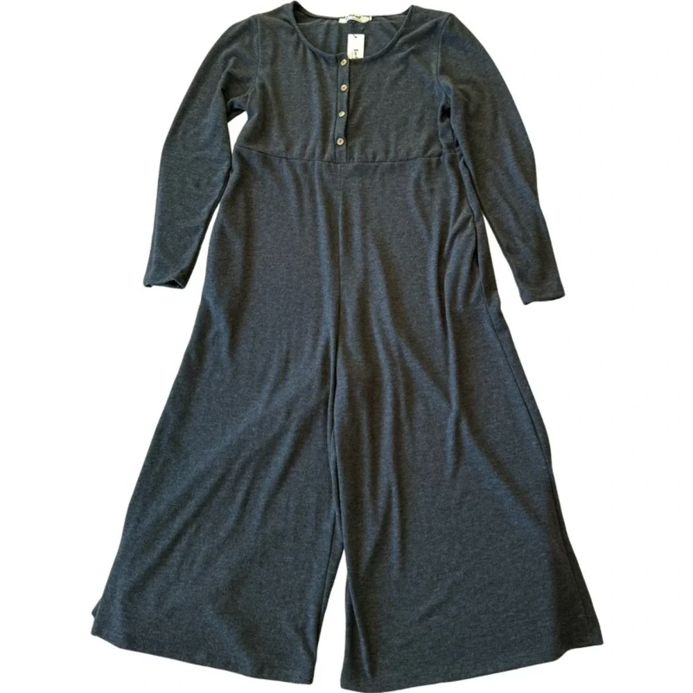 Three Bird Nest Charcoal Gray Wide-Leg Jumpsuit with Yellow Trim - Picture 10 of 11